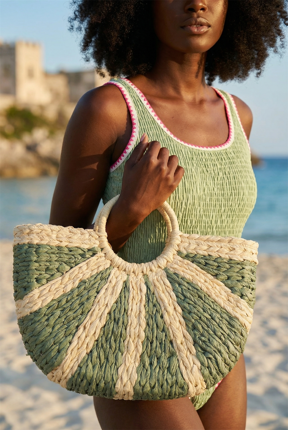 Womens Fan Straw Bag Green