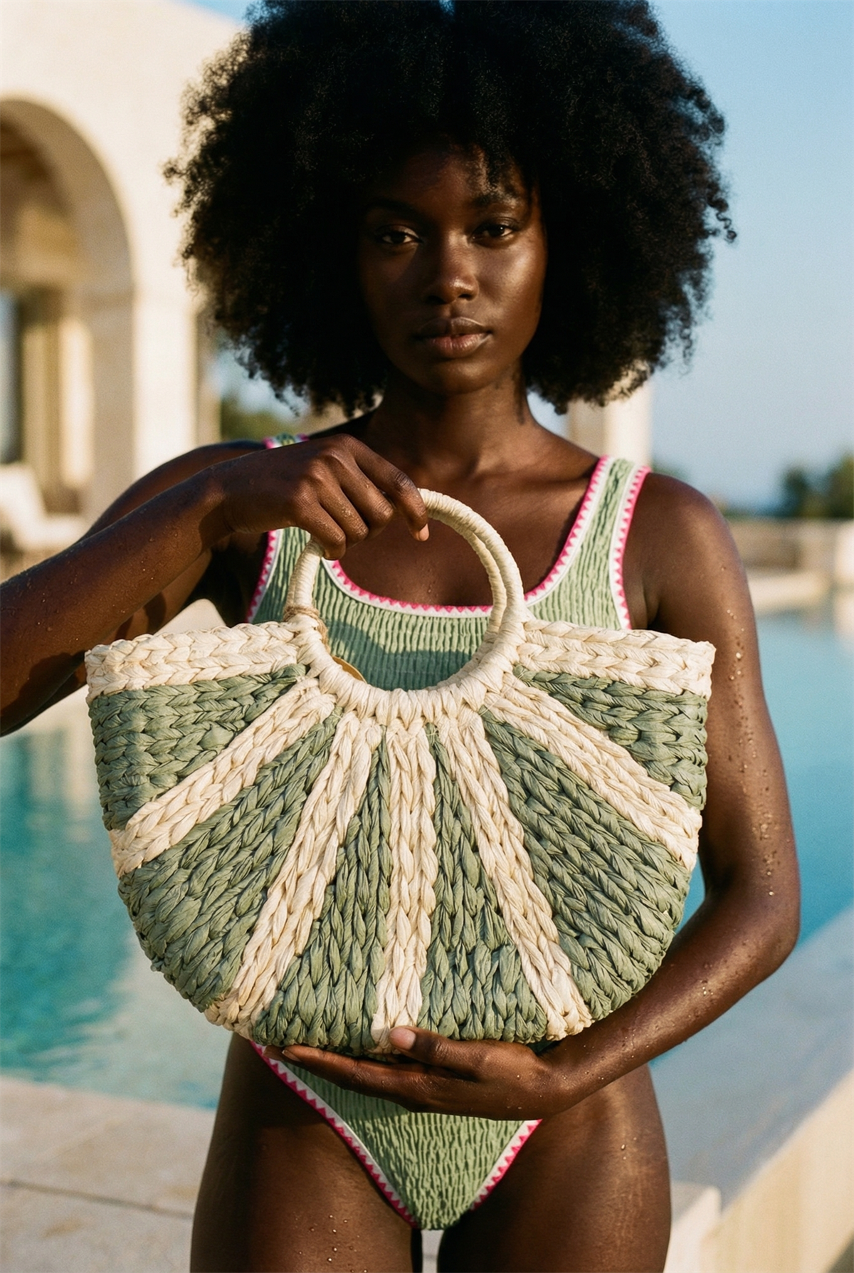 Womens Fan Straw Bag Green