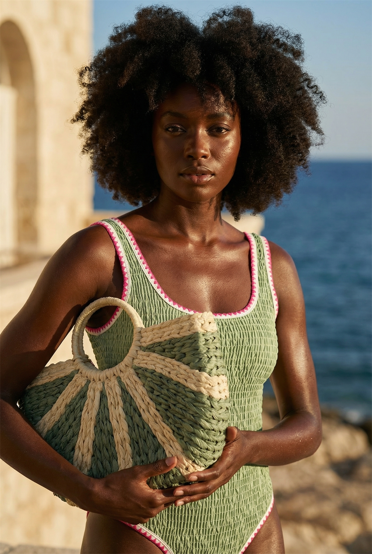 Womens Fan Straw Bag Green