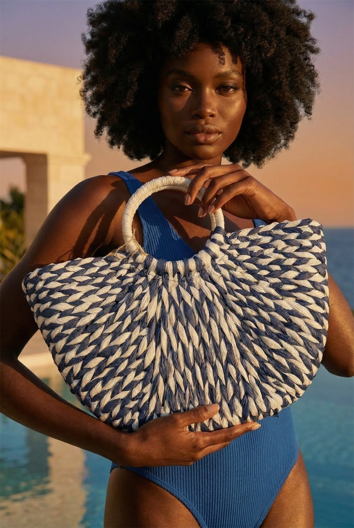 Womens Fan Knitted Straw Bag Navy Blue