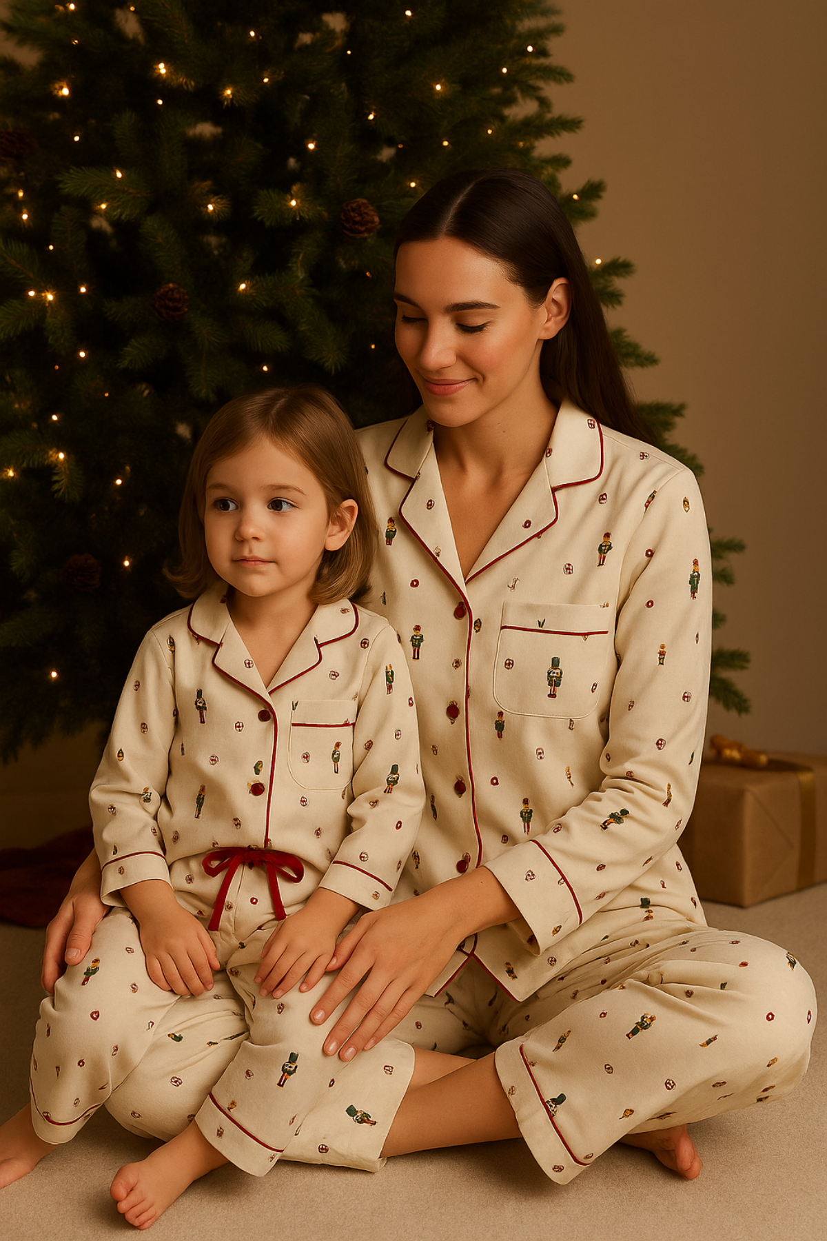 Kadın Yılbaşı Temalı Pijama Takımı Ekru