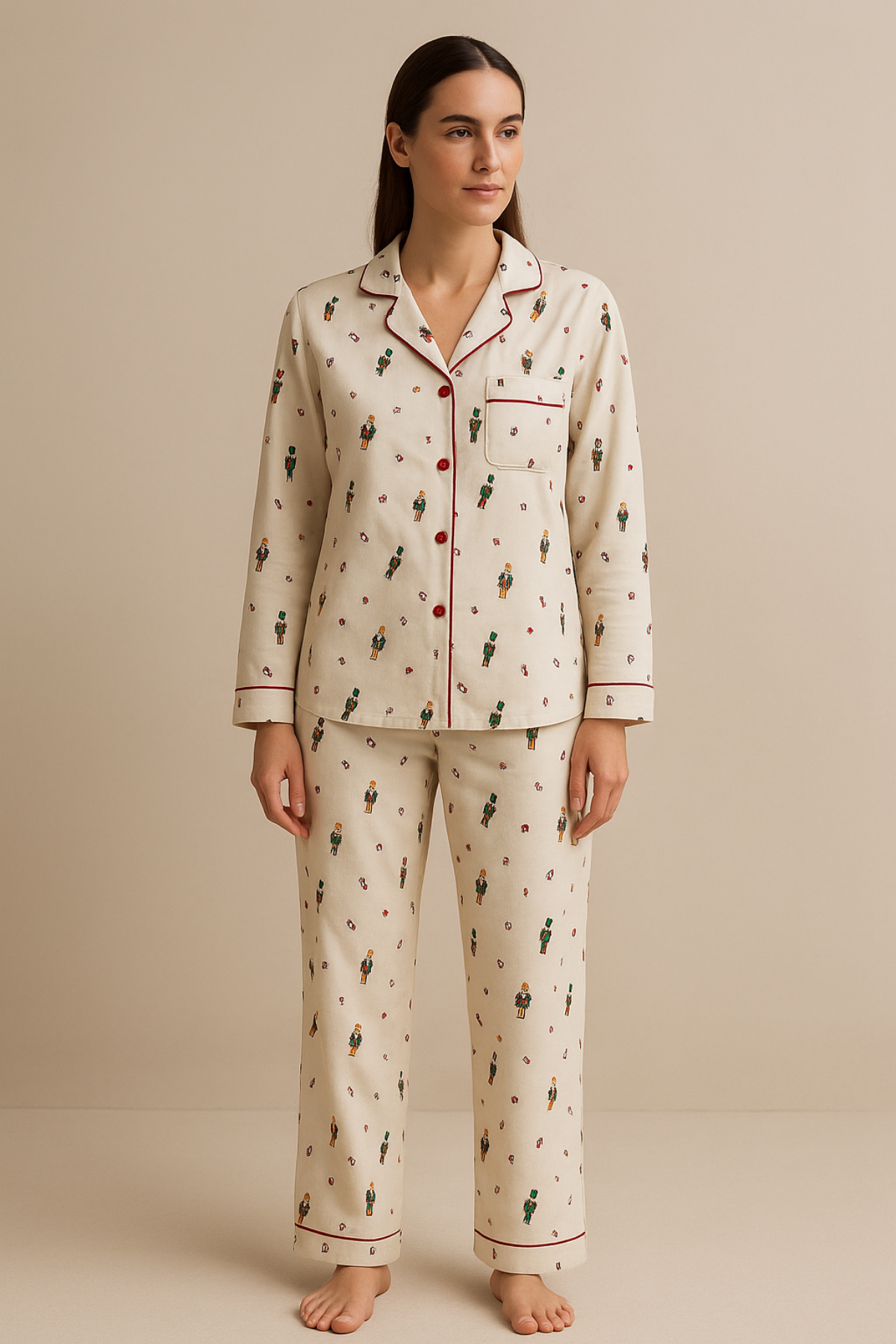 Kadın Yılbaşı Temalı Pijama Takımı Ekru