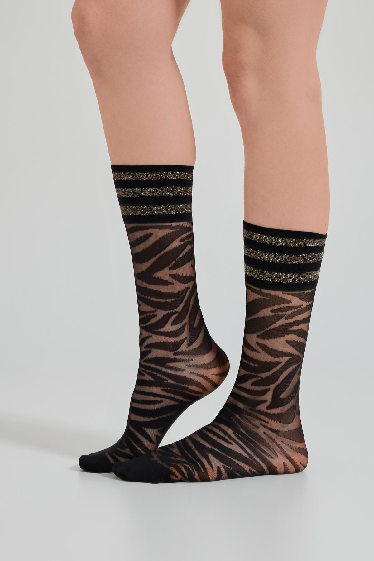 Womens Zebra Patterned Thin Sock Black/Silver