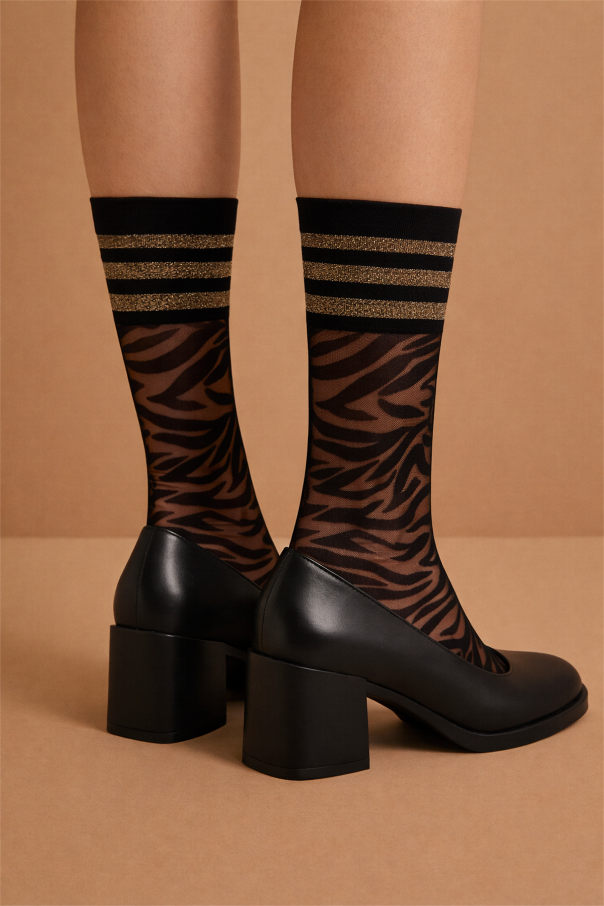 Kadın Zebra Desenli İnce Soket Çorap Siyah/Silver