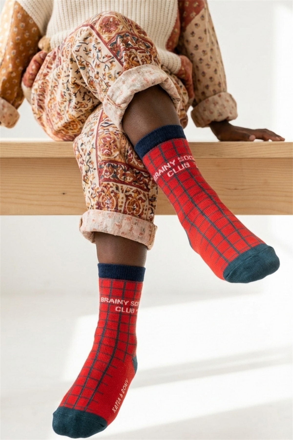Kareli Kırmızı Çocuk Soket Çorap