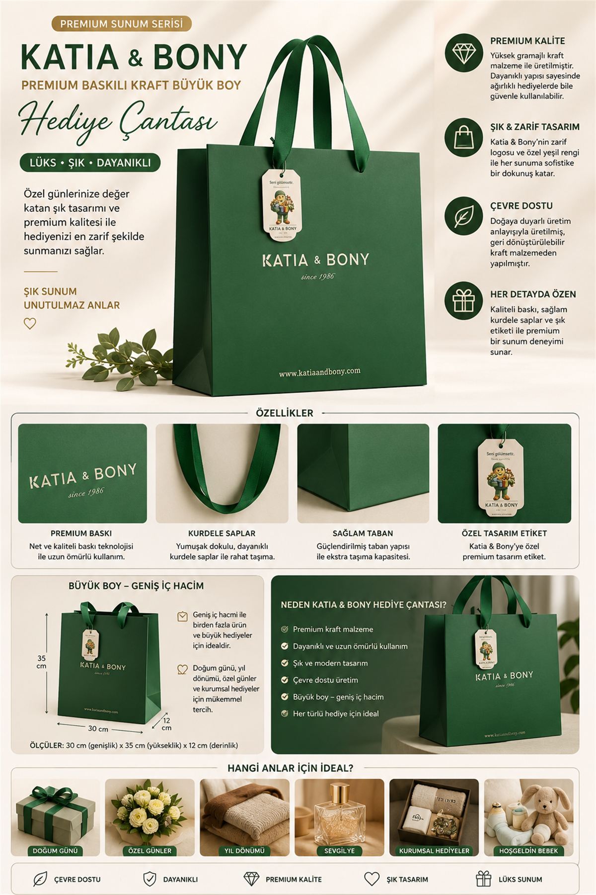 Katia & Bony Premium Baskılı Kraft Büyük Boy Hediye Çantası – Lüks Sunum Serisi Yeşil