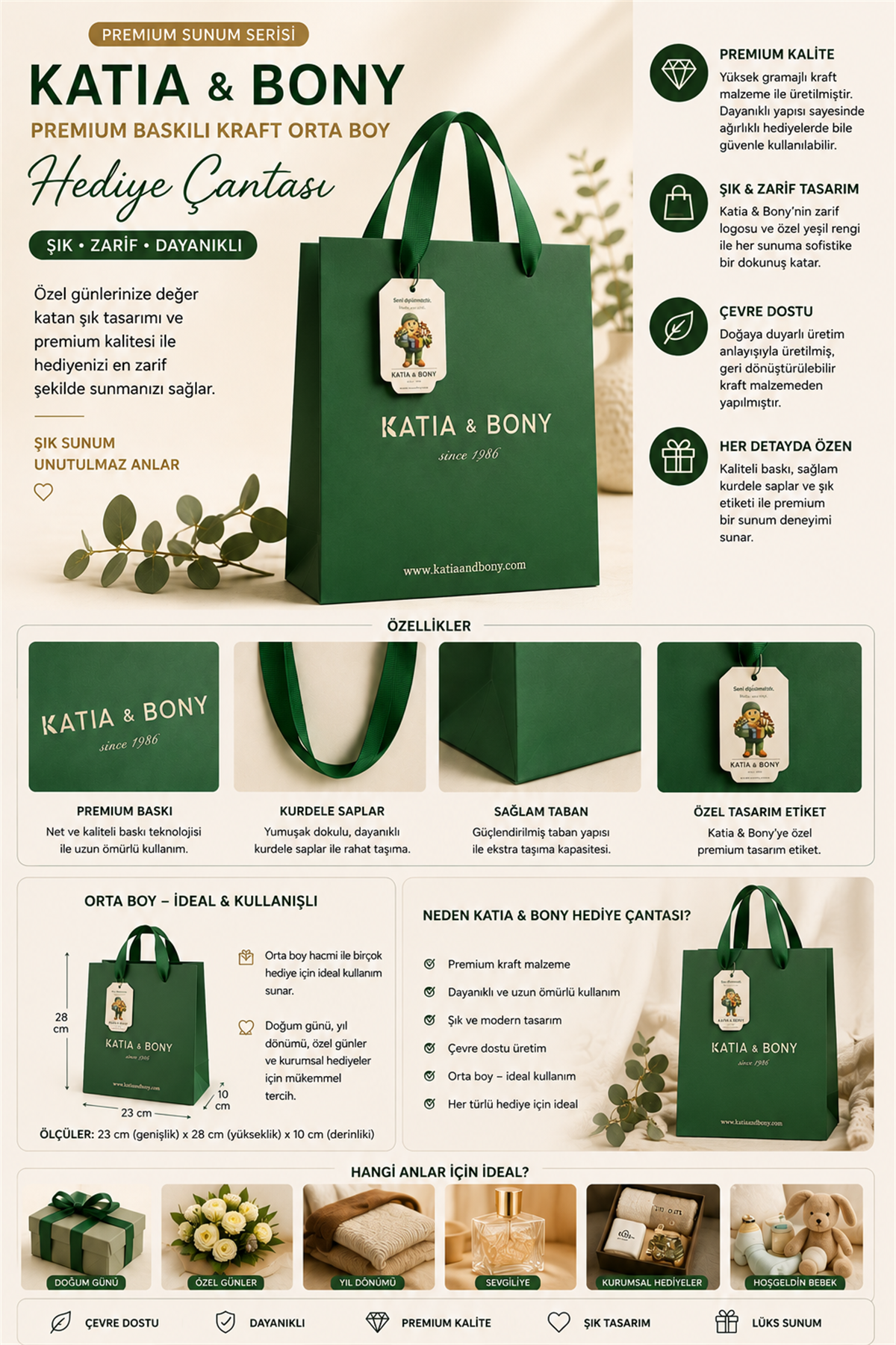Katia & Bony Premium Baskılı Kraft Orta Boy Hediye Çantası – Lüks Sunum Serisi Yeşil