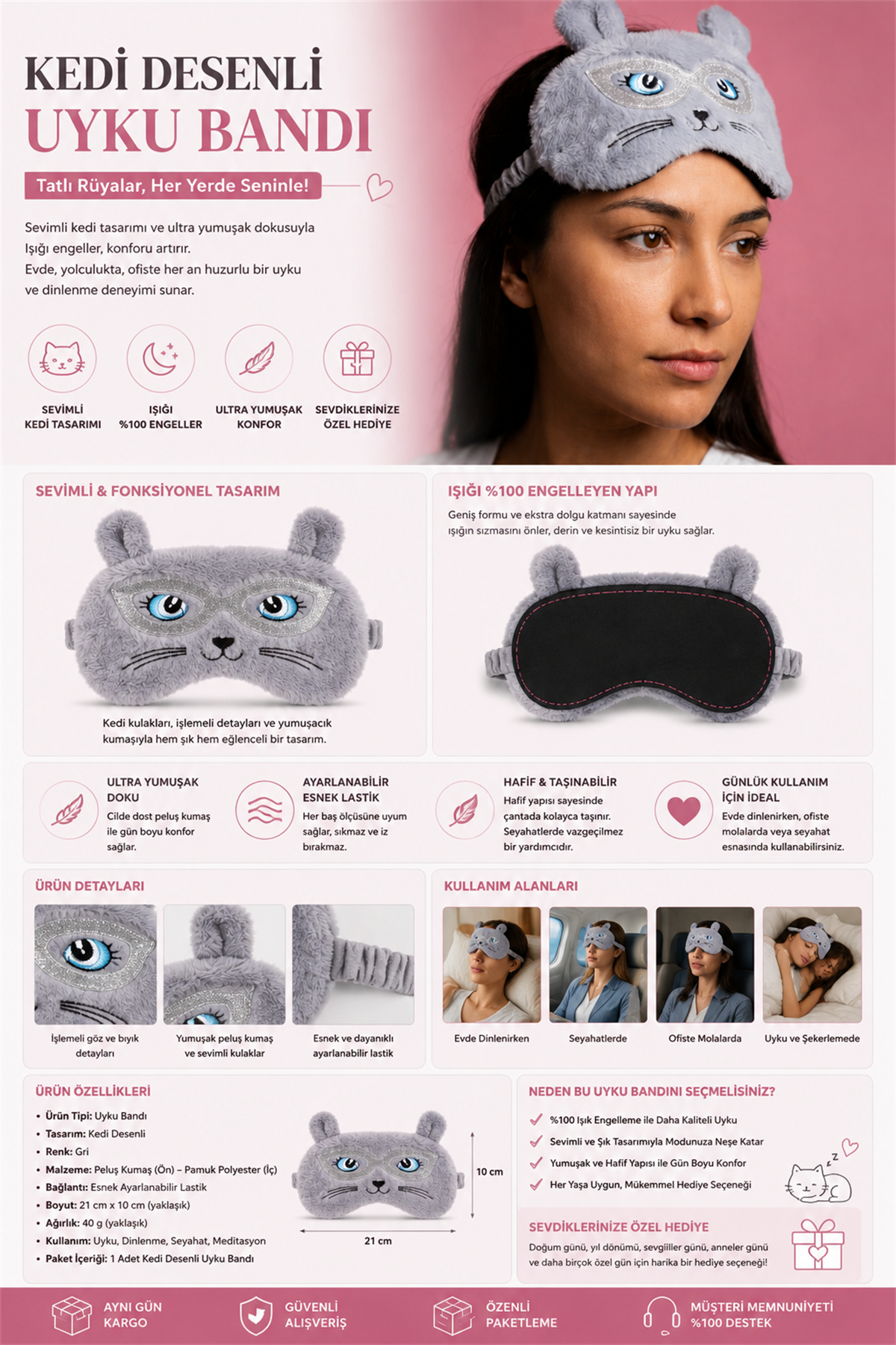 Kedi Desenli Göz Uyku Bandı Gri