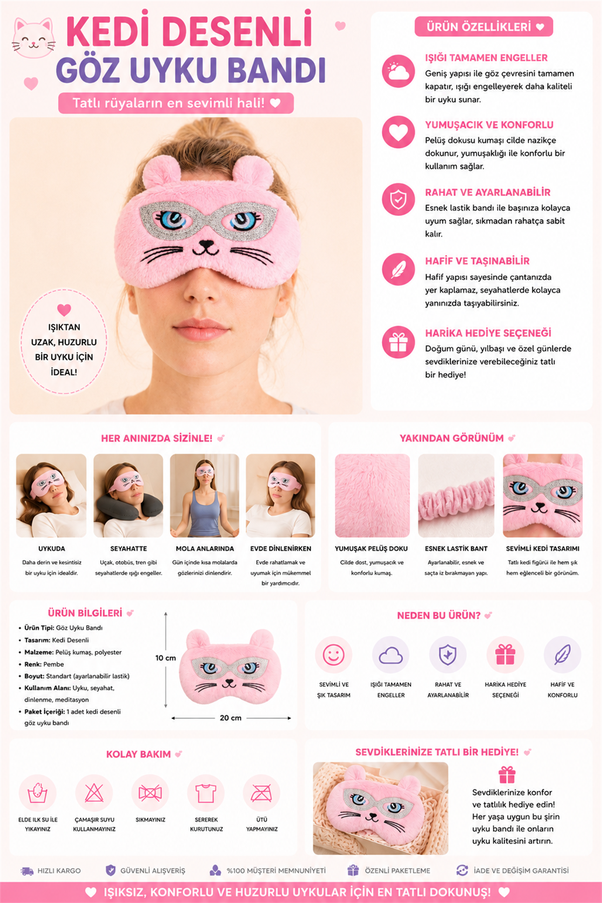 Kedi Desenli Göz Uyku Bandı Pembe