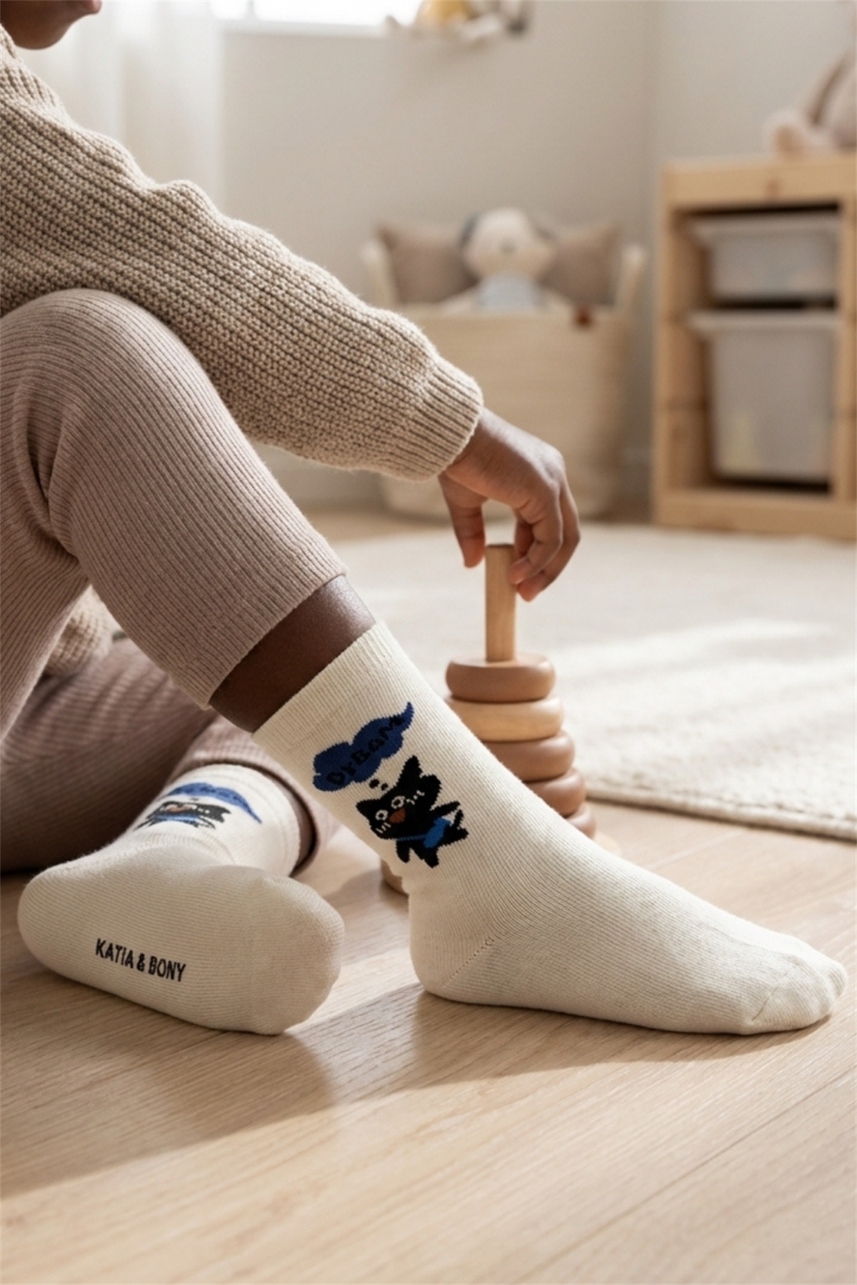 Kedi Desenli Mavi Çocuk Soket Çorap