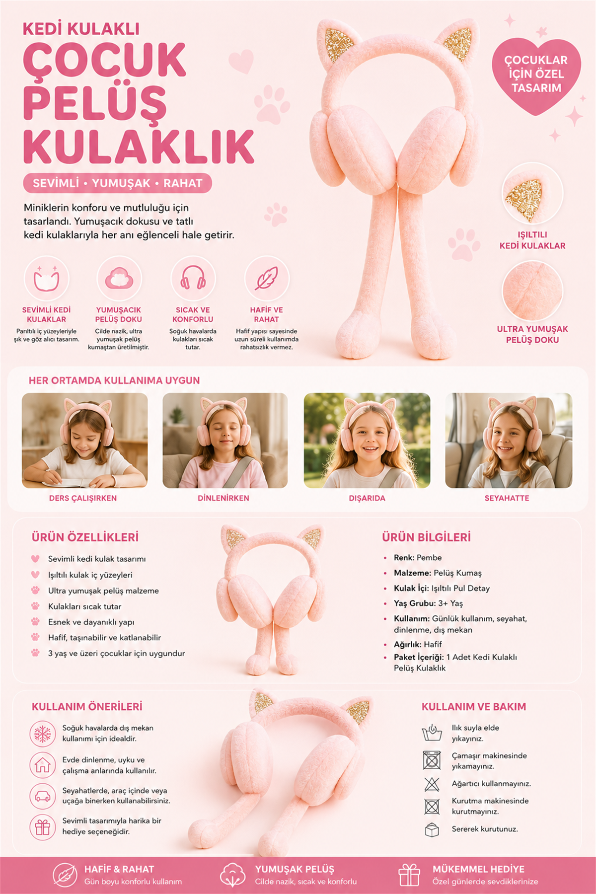 Kedi Kulaklı Çocuk Peluş Kulaklık Pembe