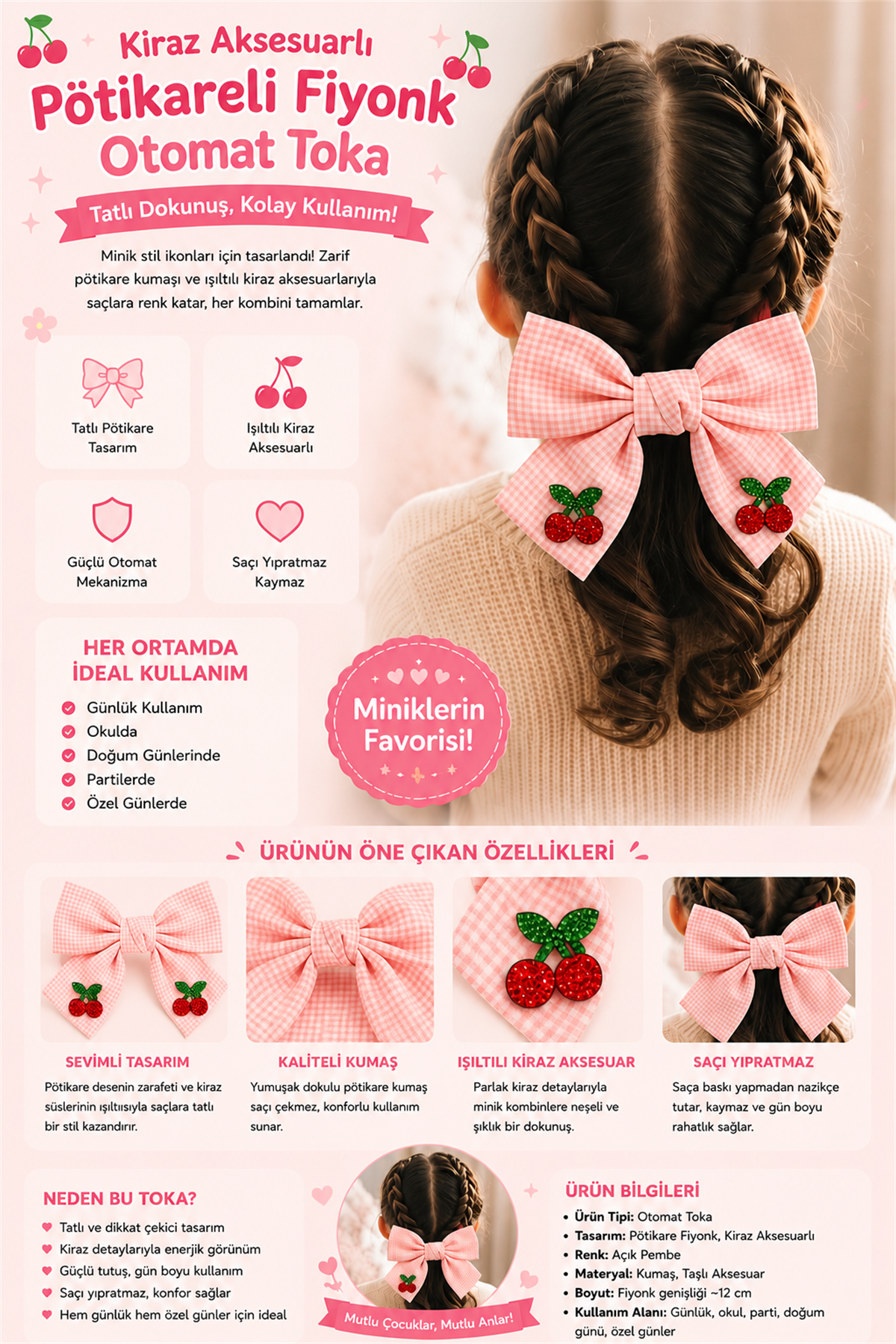 Cherry Accessory Gingham Bowtie Automatic Buckle Light Pink