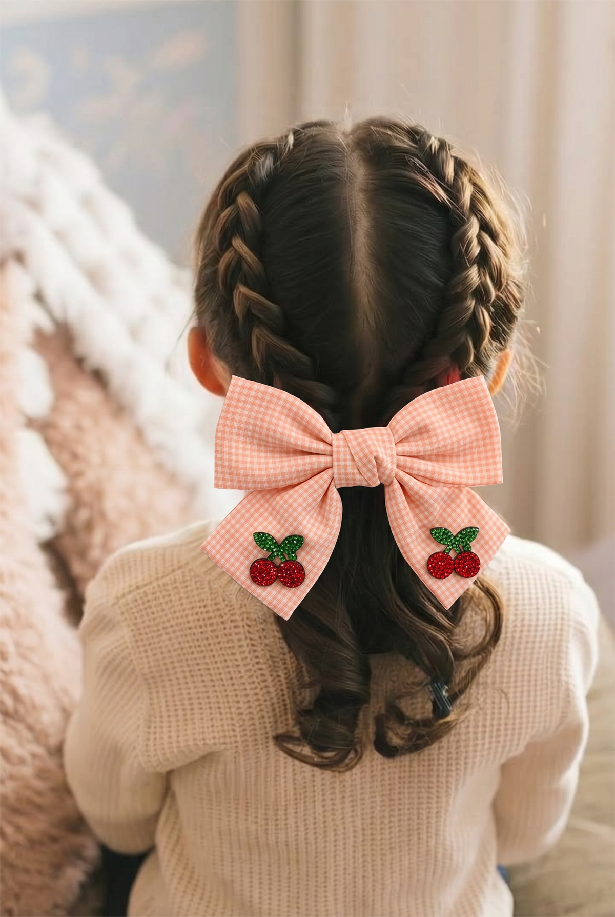 Cherry Accessory Gingham Bowtie Automatic Buckle Light Pink