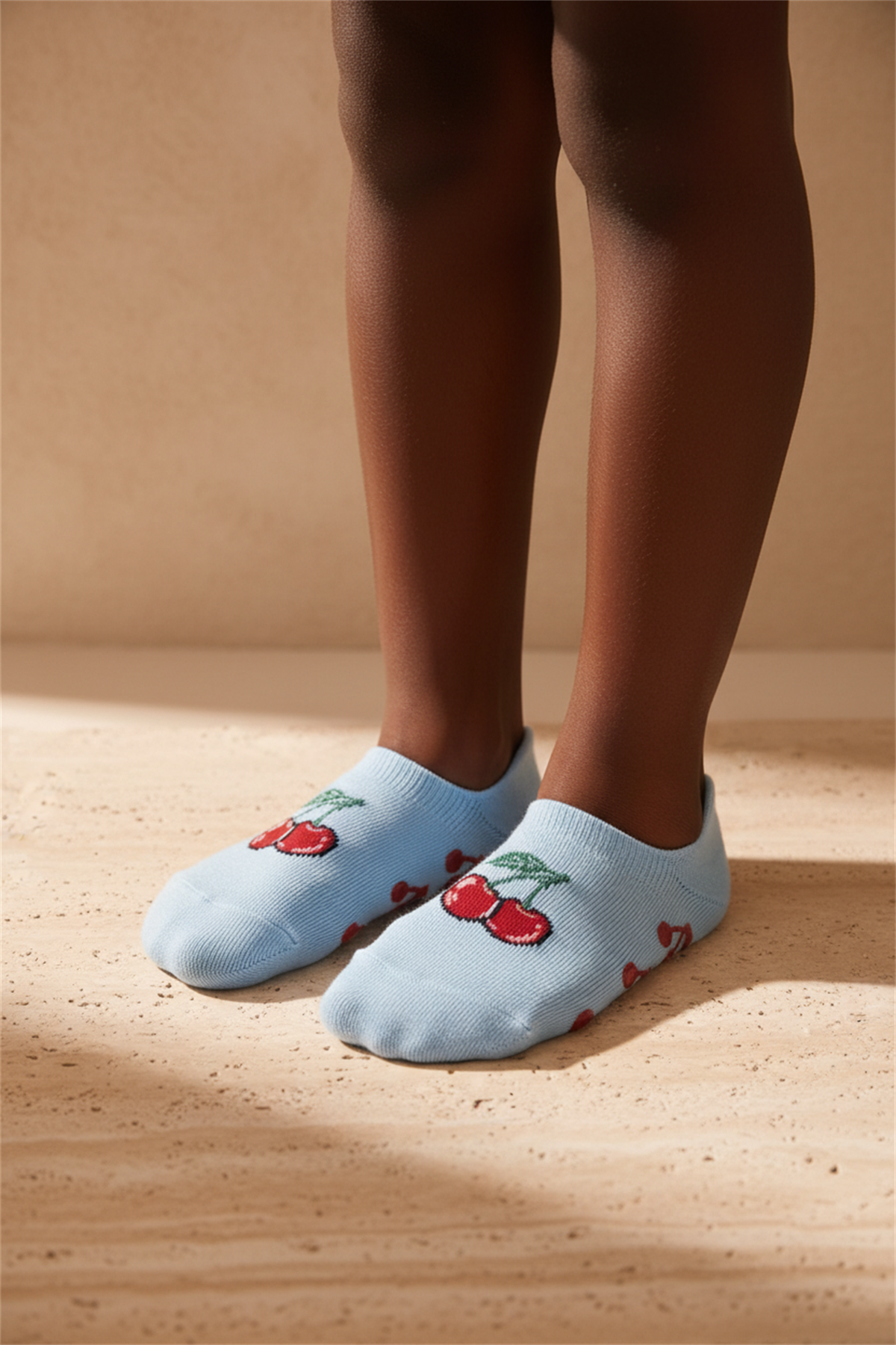 Cherry Patterned Blue Childrens Invisible Socks