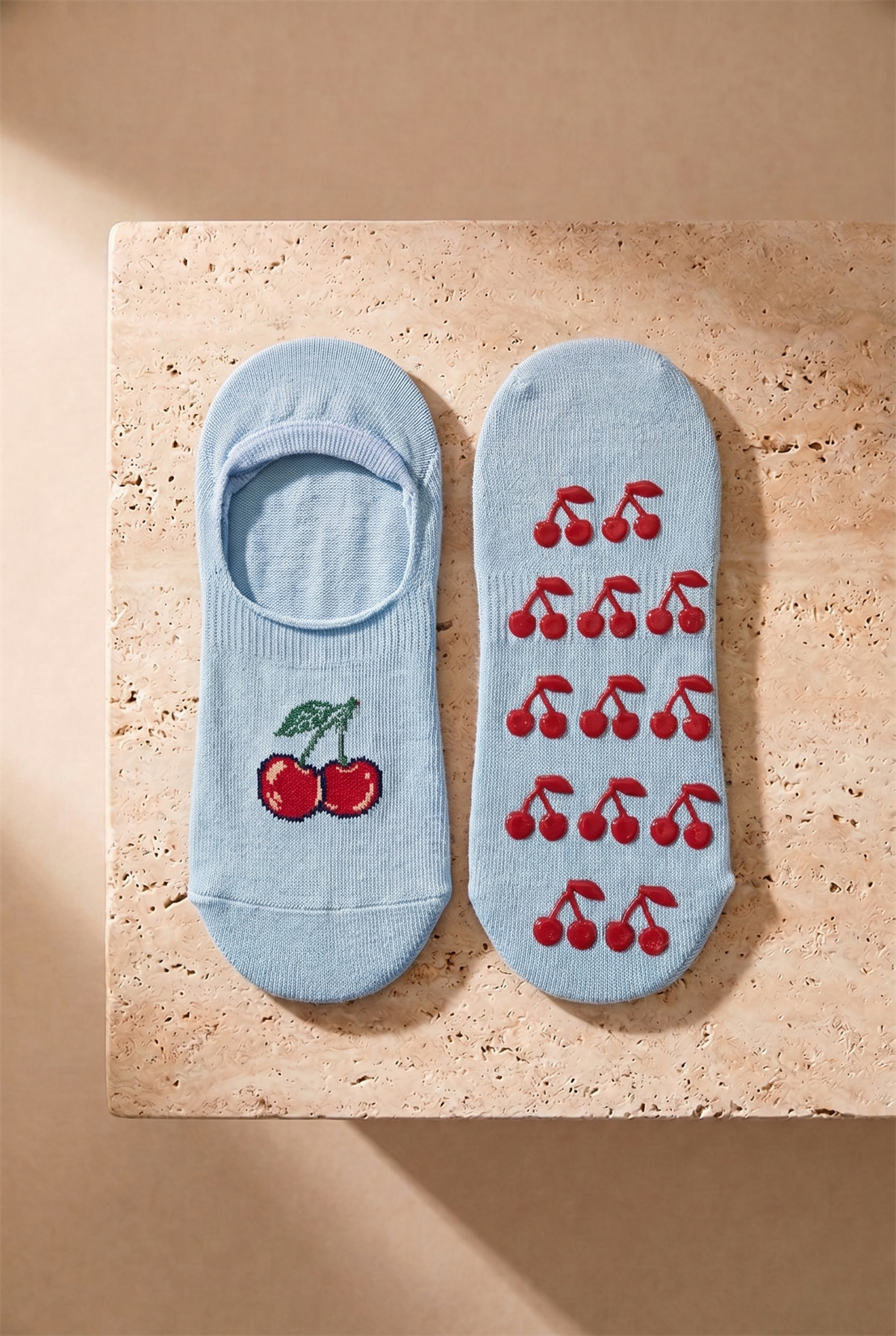 Cherry Patterned Blue Childrens Invisible Socks