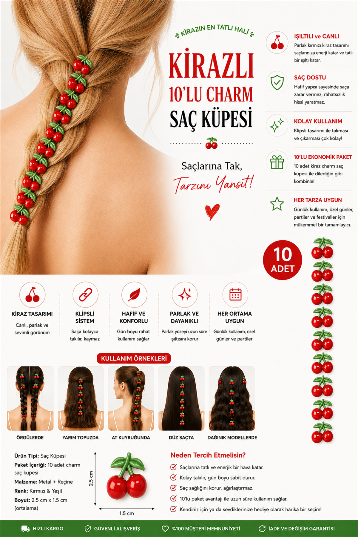 Kirazlı 10lu Charm Saç Küpesi
