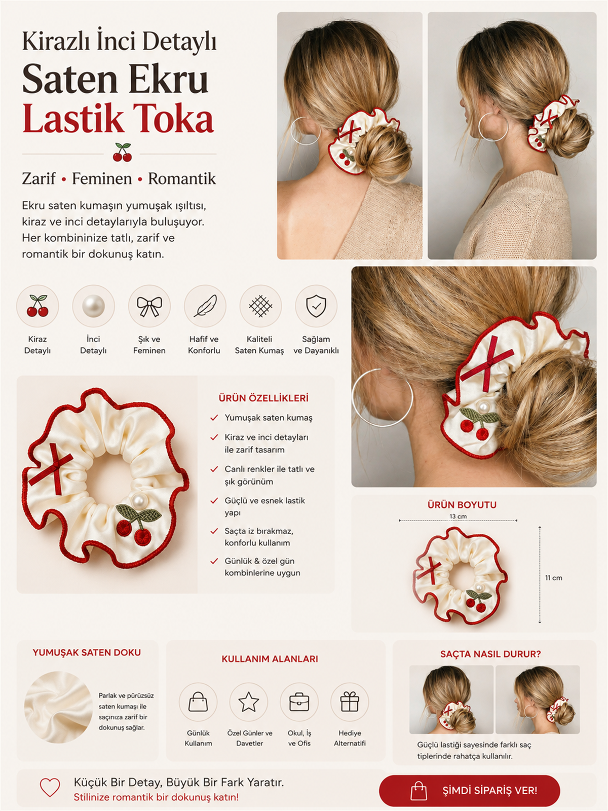 Kirazlı İnci Detaylı Saten Ekru Lastik Toka 