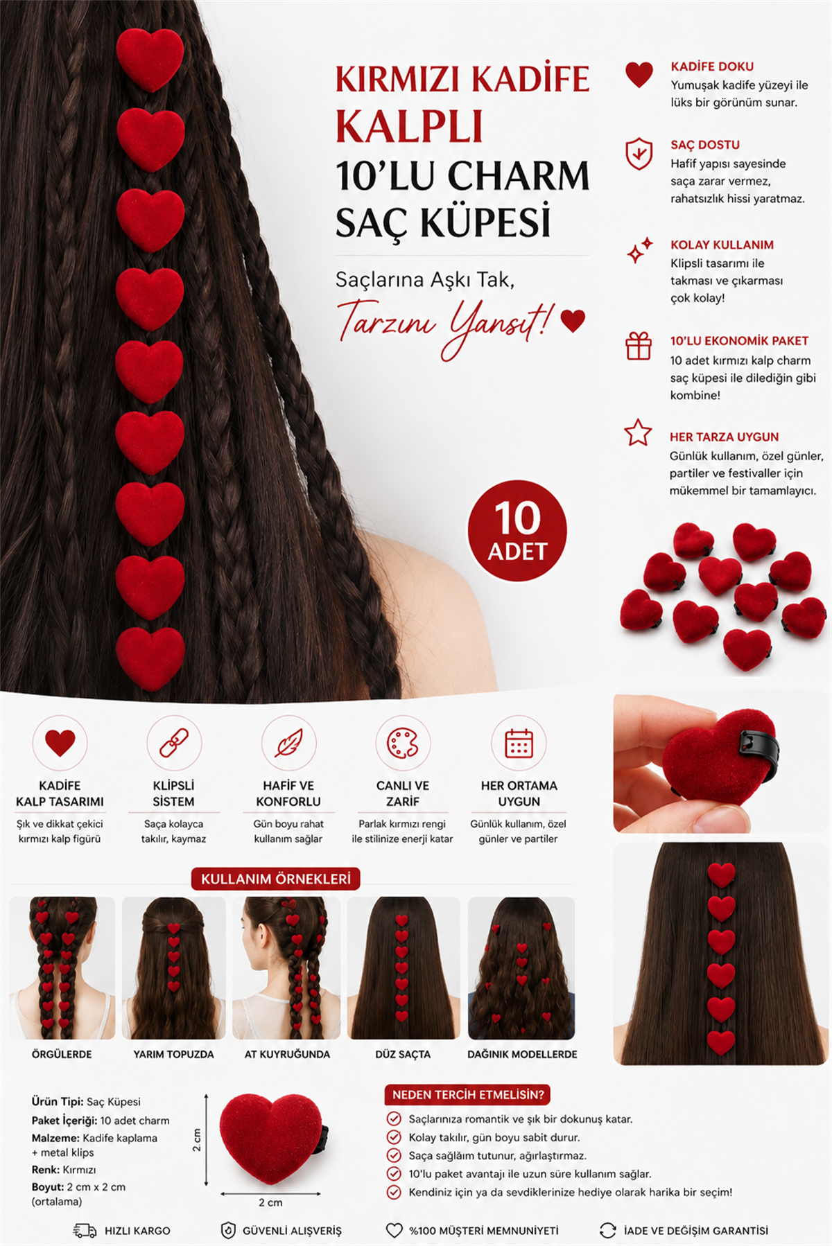 Kırmızı Kadife Kalpli 10lu Charm Saç Küpesi 