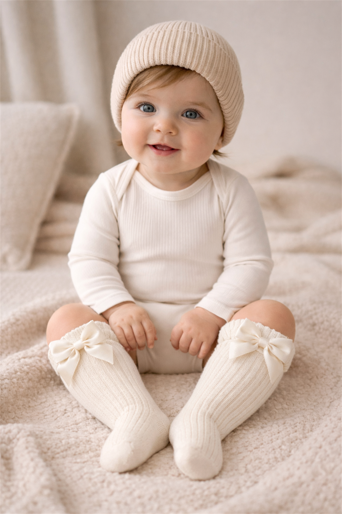 Kız Bebek Aksesuarlı Dizaltı Çorap Ekru