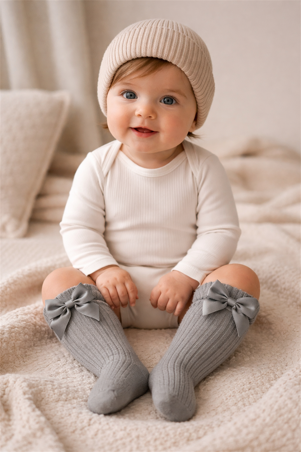 Kız Bebek Aksesuarlı Dizaltı Çorap Gri Melanj