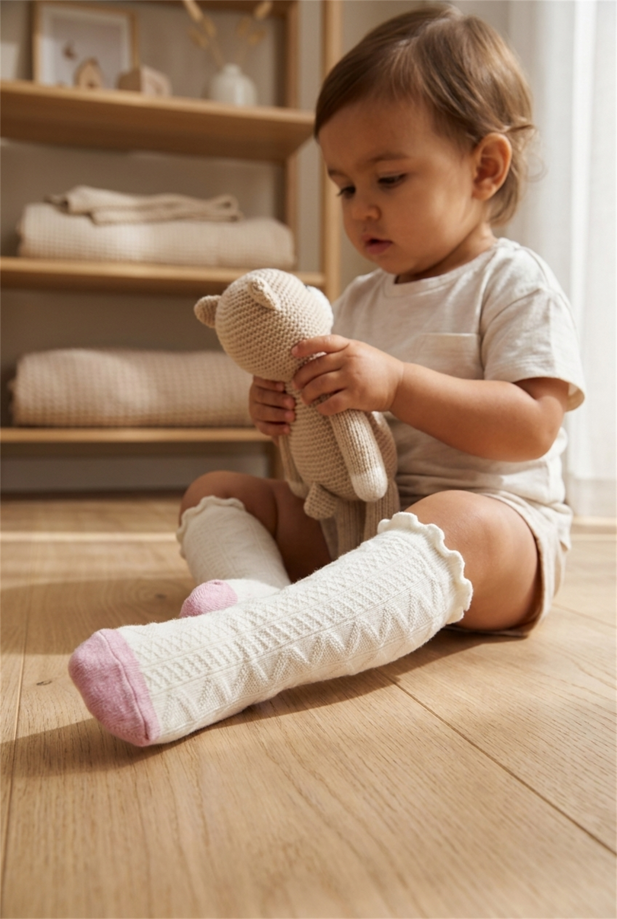 Kız Bebek Desenli Dizaltı Çorap Ekru