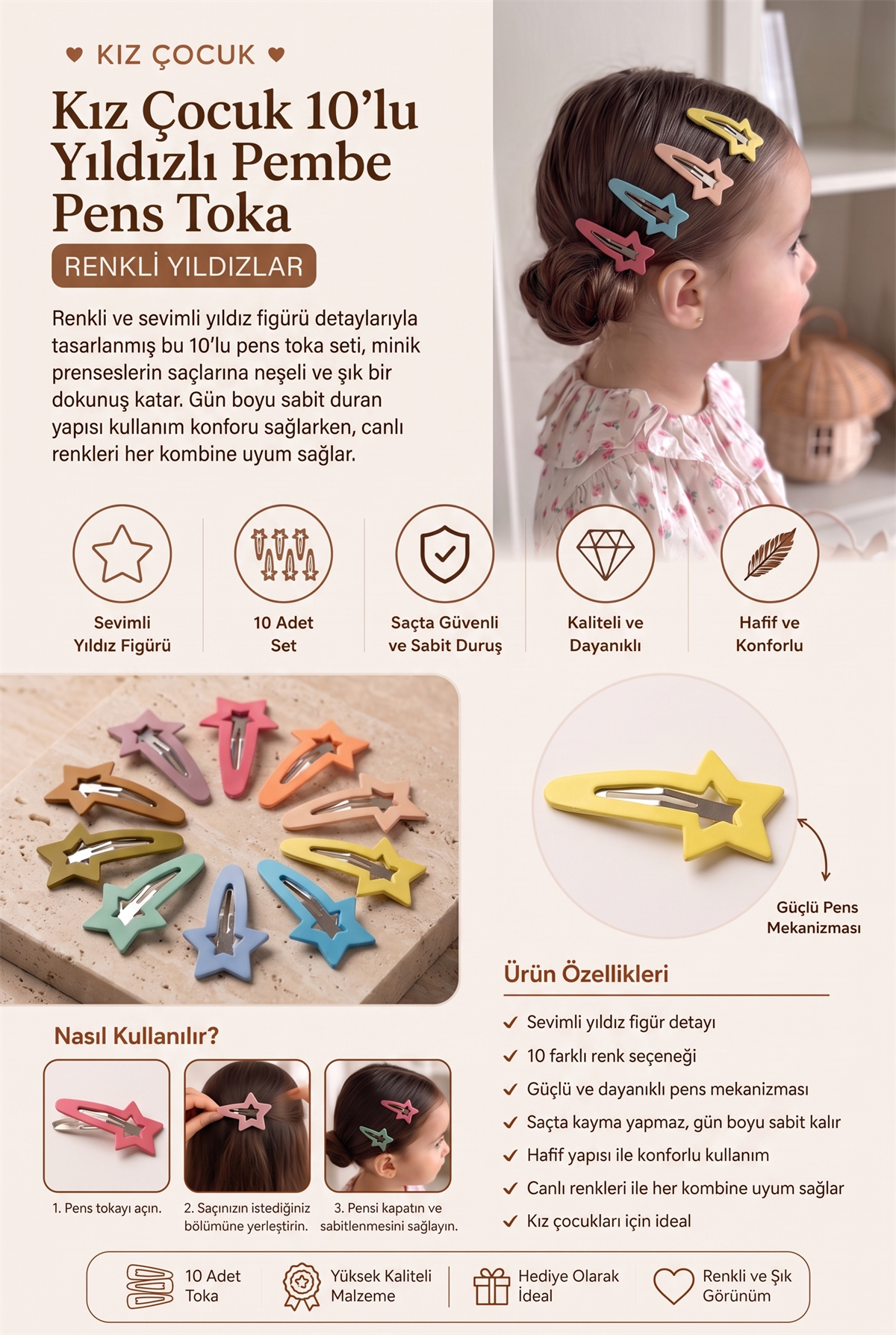 Kız Çocuk 10lu Yıldızlı Pembe Pens Toka