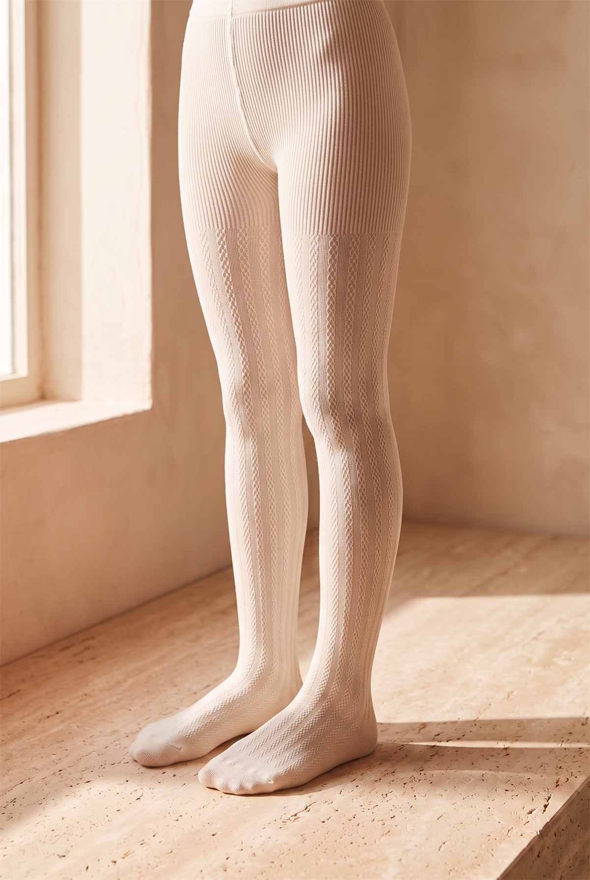 Girls 20 Denier Knitted Patterned Thin Pantyhose Ecru