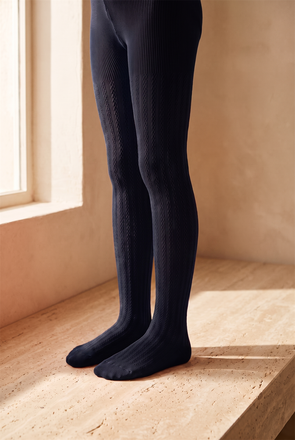 Girls 20 Denier Knitted Patterned Pantyhose Navy Blue
