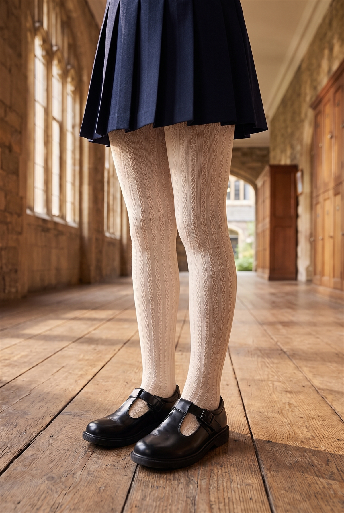 Girls 20 Denier Knitted Patterned Thin Pantyhose Ecru