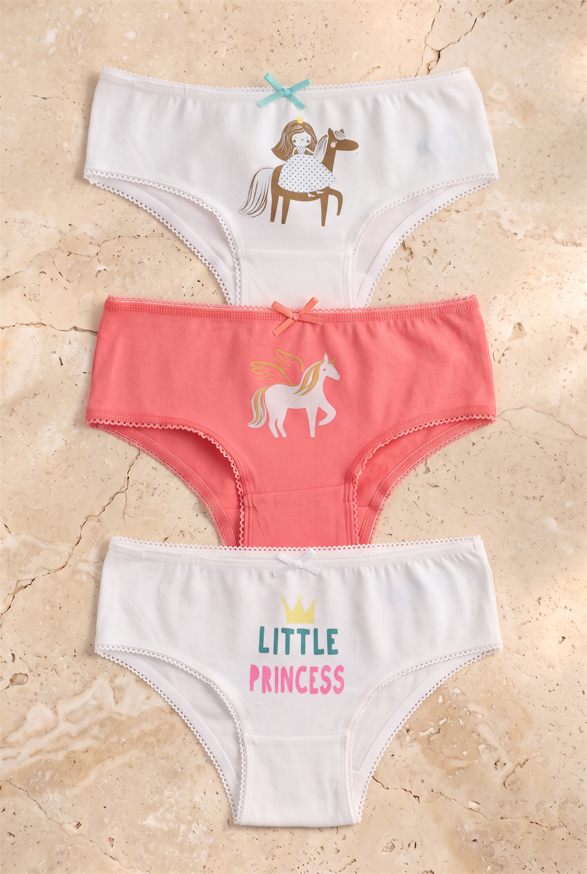Kız Çocuk 3lü Paket Puantiye Slip Ekru