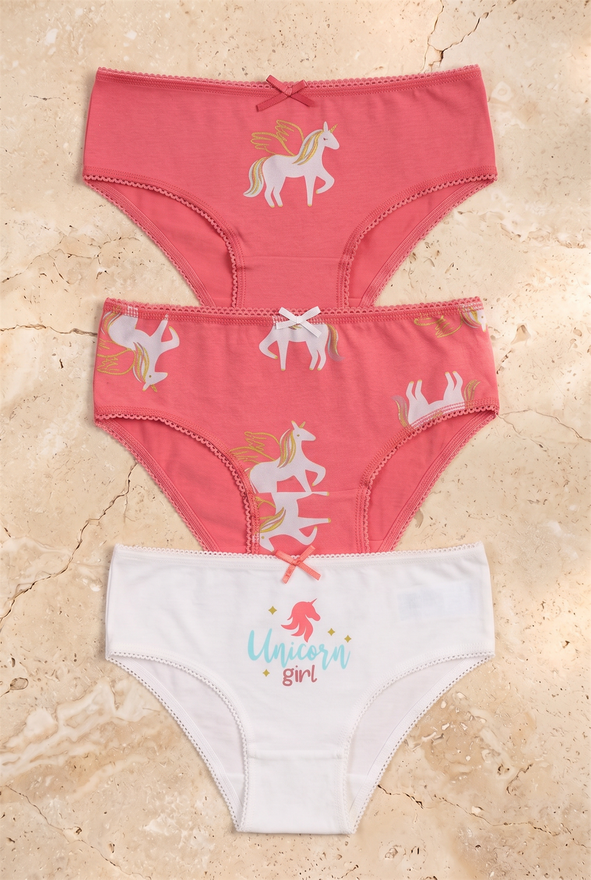 Kız Çocuk 3lü Paket Unicorn Slip Ekru/Pembe