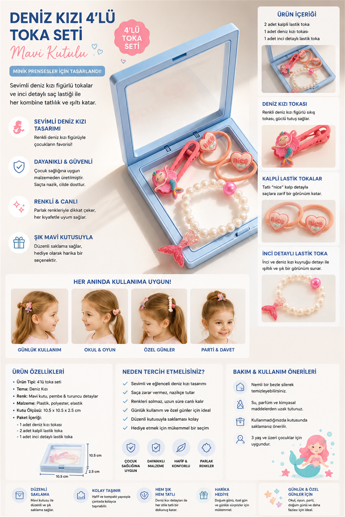 Girls 4-Piece Mermaid Buckle Set With Plastic Box Blue