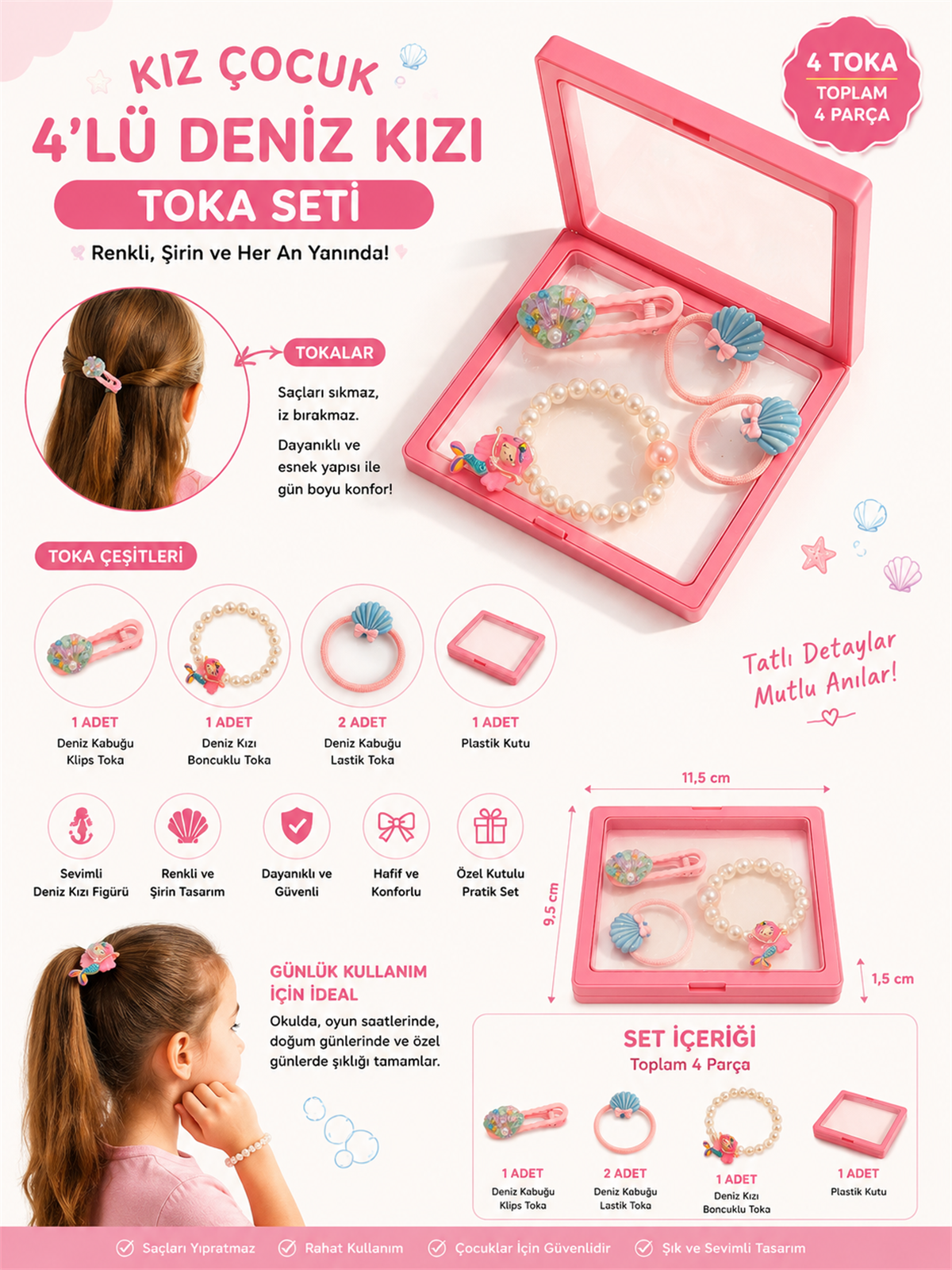 Girls 4-Piece Mermaid Buckle Set With Plastic Box Pink