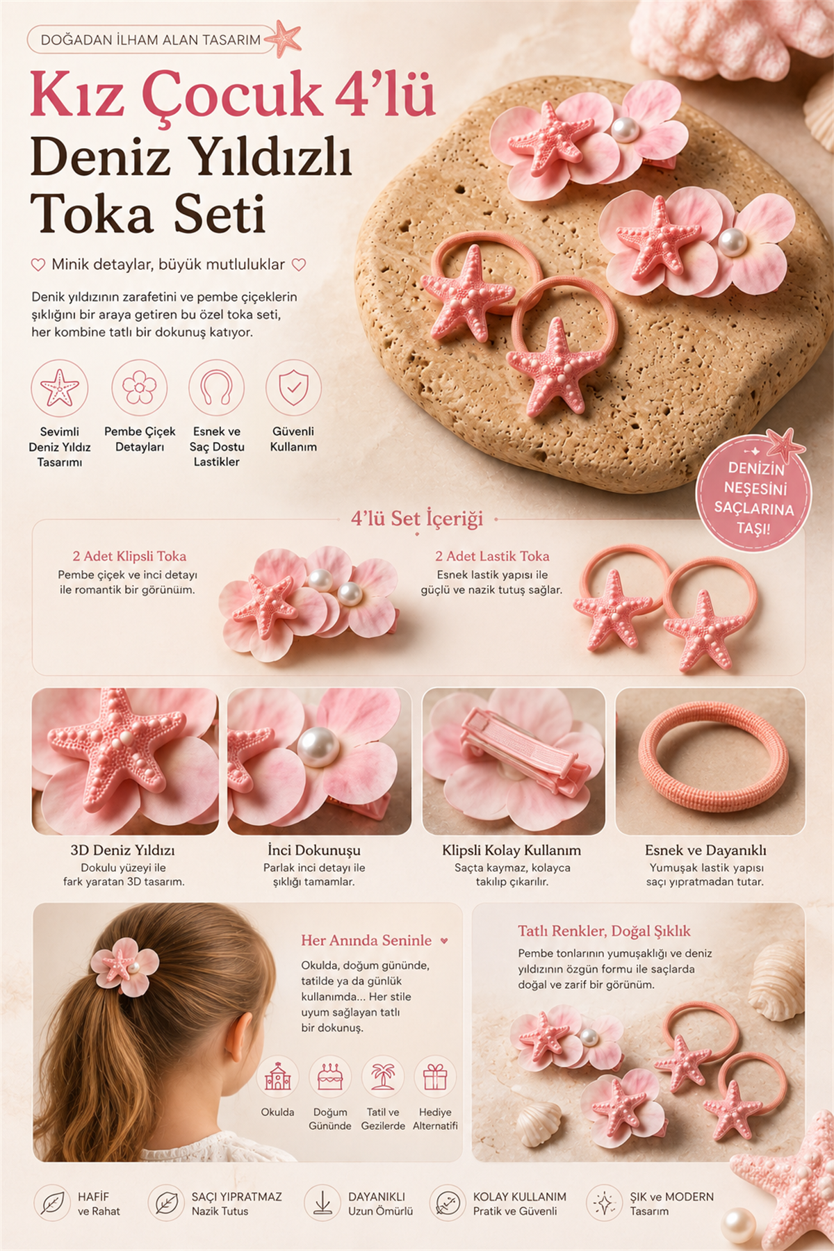 Kız Çocuk 4lü Deniz Yıldızlı Toka Seti Koyu Pembe