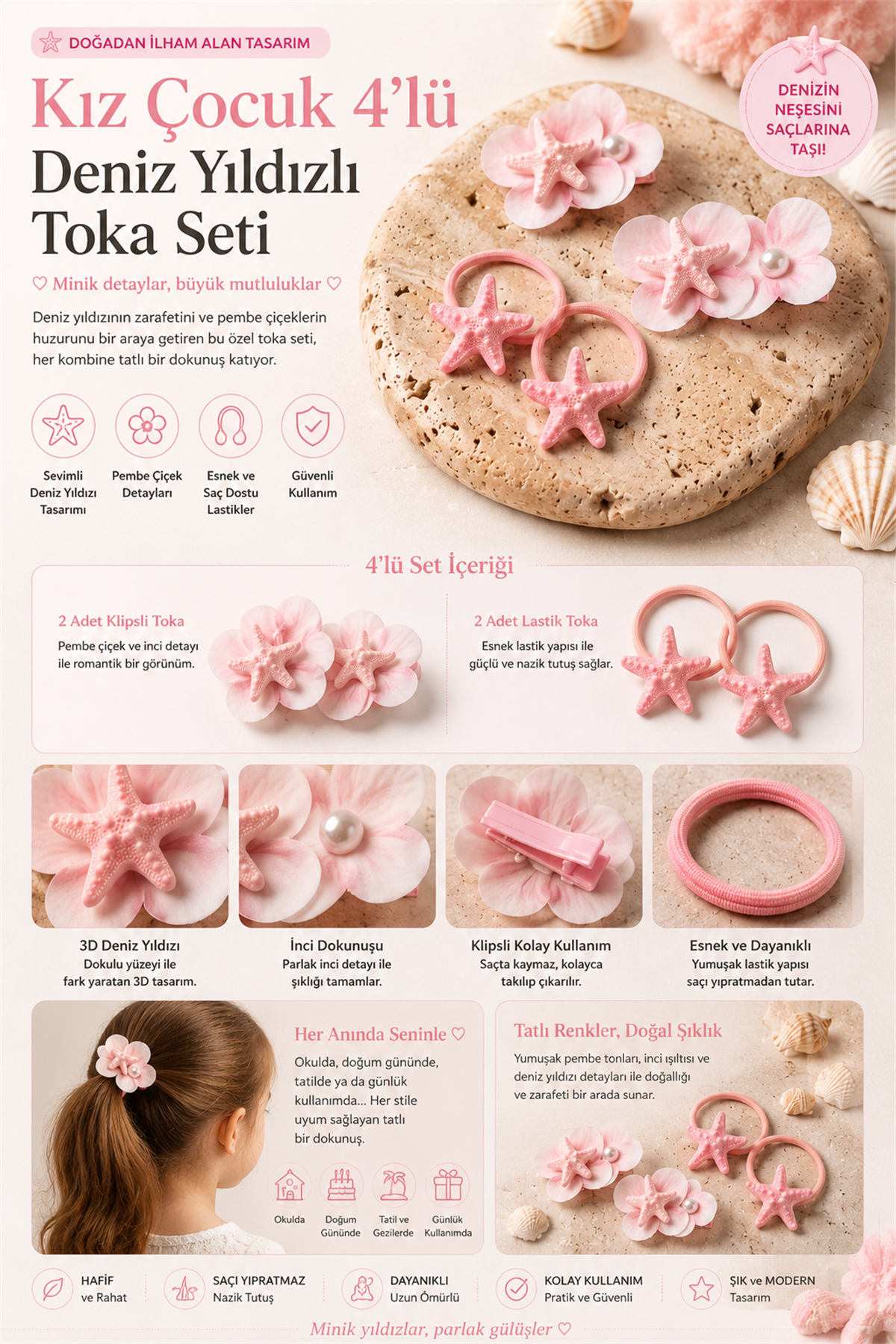 Kız Çocuk 4lü Deniz Yıldızlı Toka Seti Açık Pembe