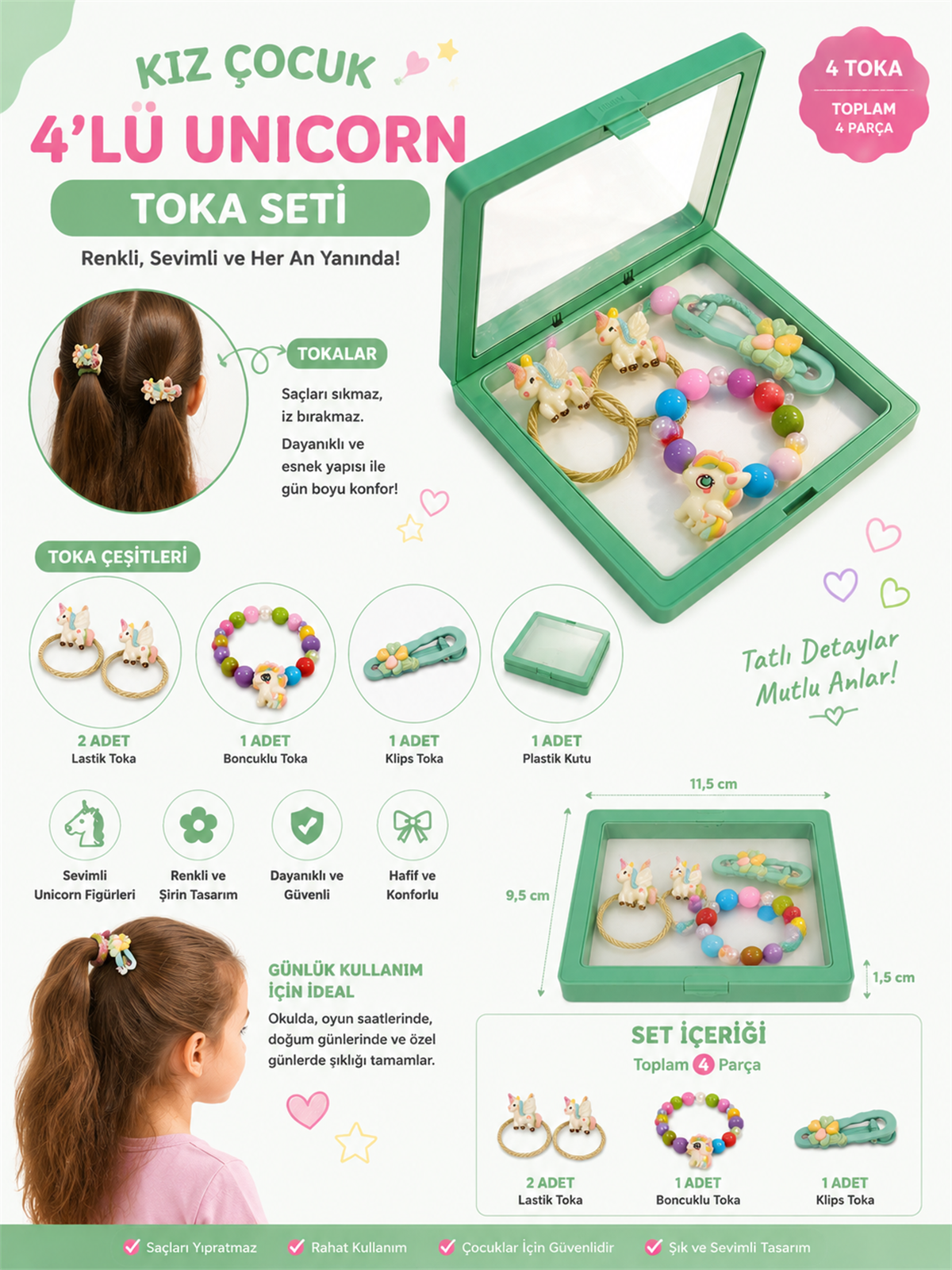 Girls 4-Piece Colorful Unicorn Bracelet Set With Plastic Box And Buckle Green
