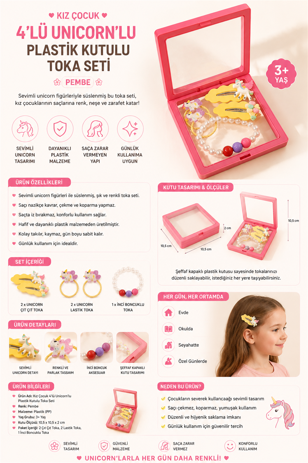 Girls 4-Piece Unicorn Buckle Set With Plastic Box Pink