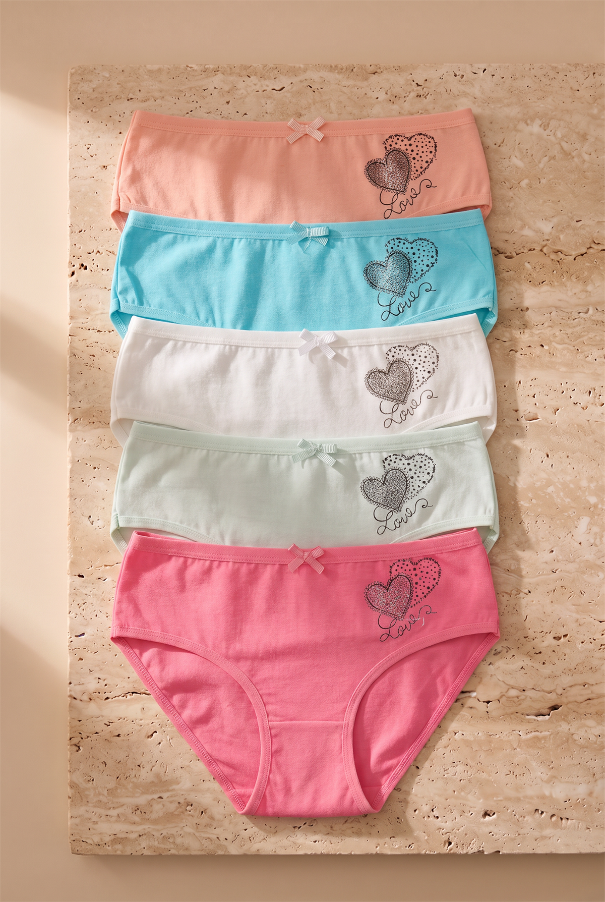 Kız Çocuk 5 li Paket Renkli Slip Külot-Kalpler Çok Renkli