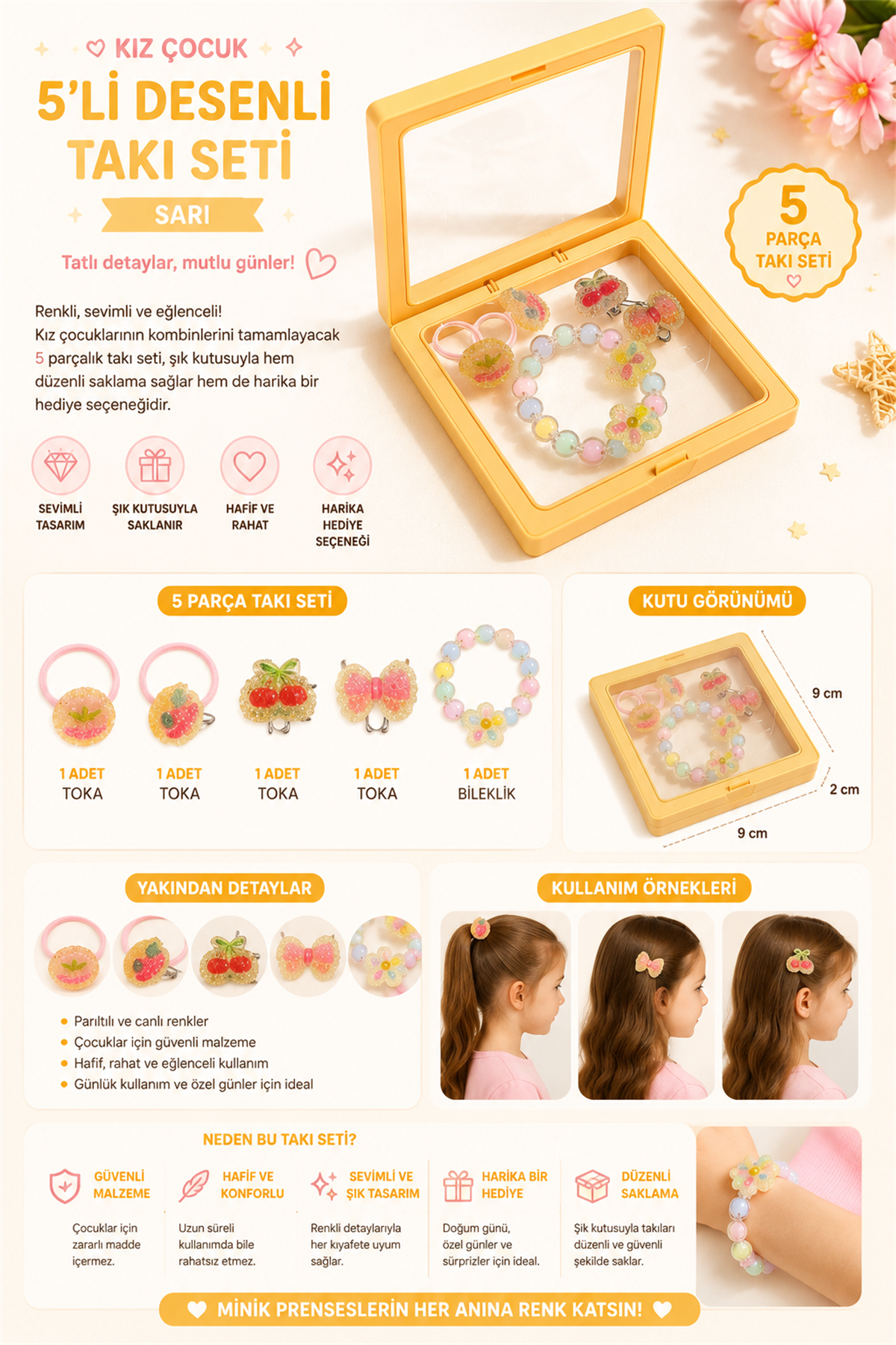 Girls 5-Piece Patterned Plastic Boxed Jewelry Set Yellow