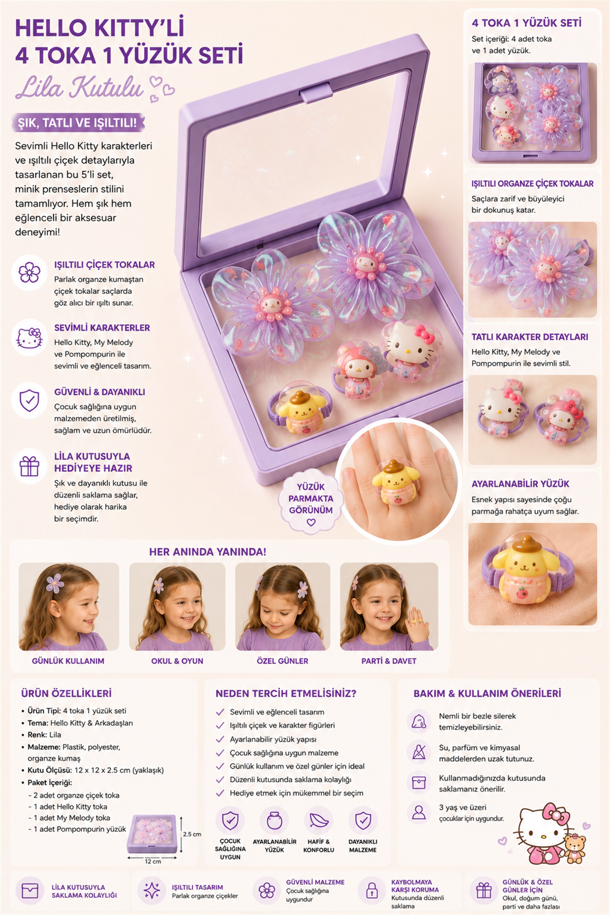 Girls 5-Piece Hello Kity Buckle Set With Plastic Box Lilac
