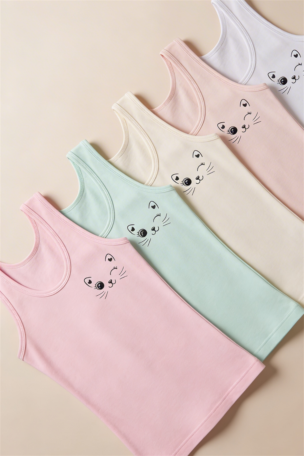 12503G1059 5PCK KEDİ BASKILI KIZ ÇOCUK ATLET - K-7923 Patterned