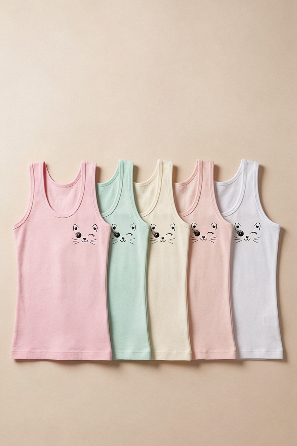 12503G1059 5PCK KEDİ BASKILI KIZ ÇOCUK ATLET - K-7923 Patterned