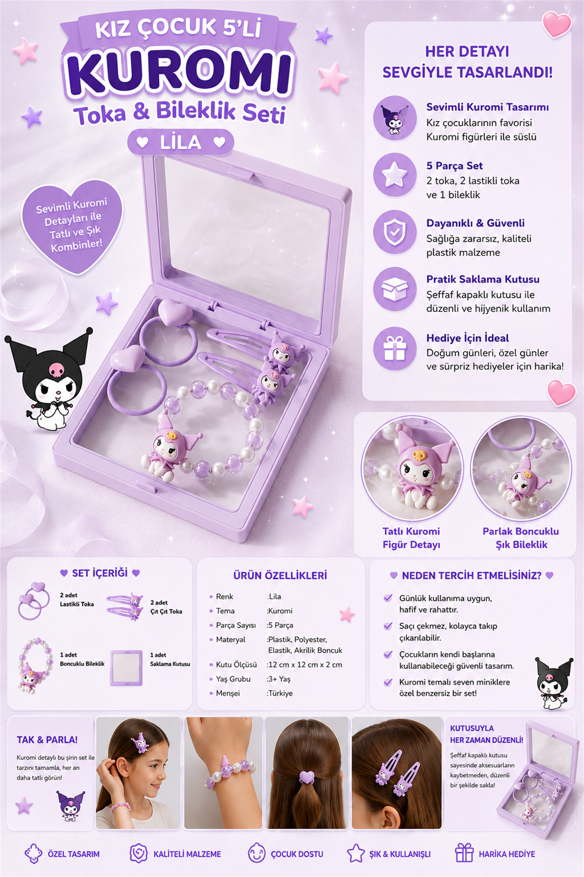 Girls 5-Piece Kuromi Plastic Box Clasp Bracelet Set Lilac