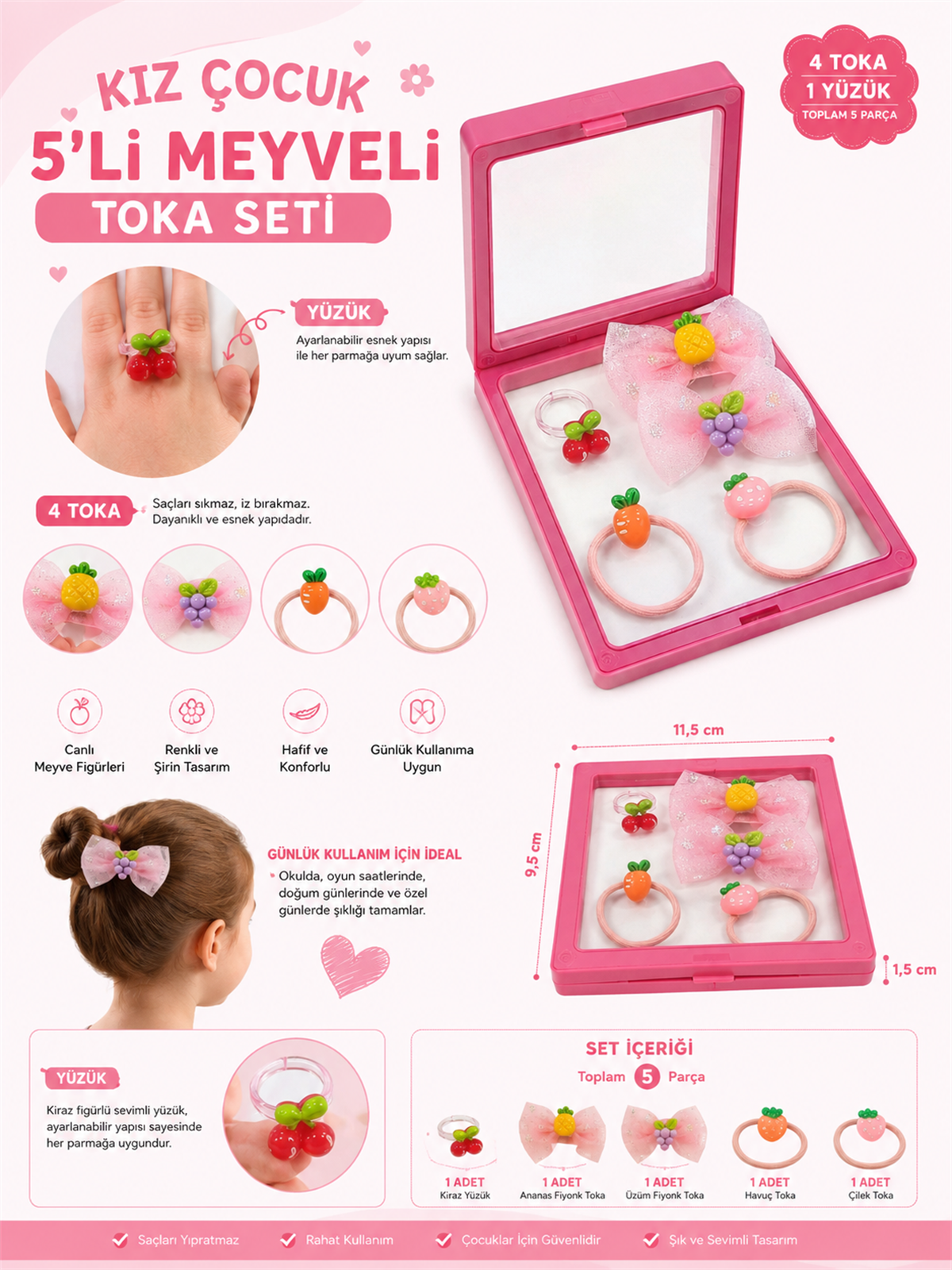 Girls 5-Piece Fruity Plastic Boxed Buckle Set Pink