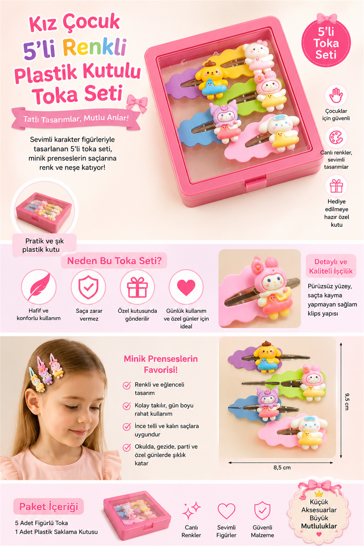 Girls 5-Piece Colored Plastic Boxed Buckle Set Pink