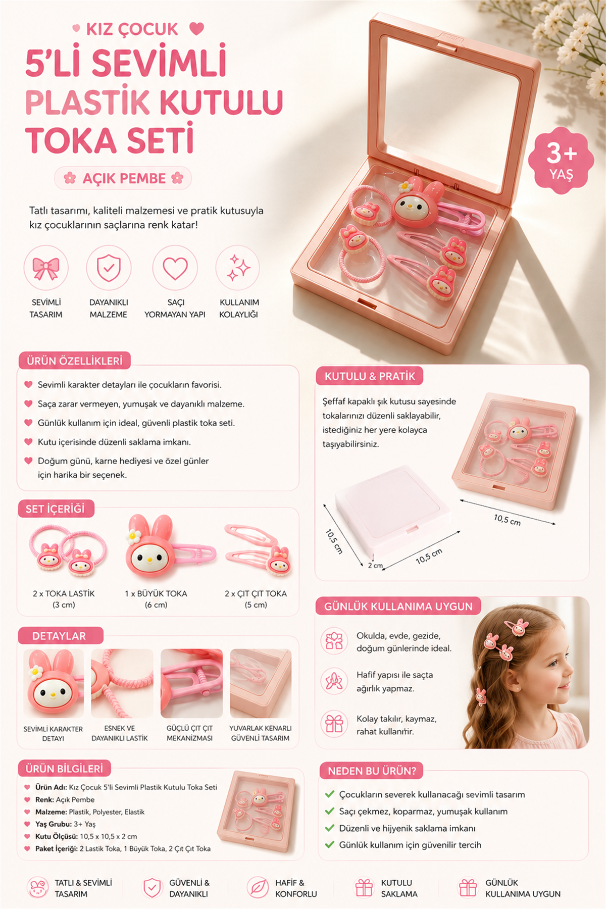 Girls 5-Piece Cute Plastic Boxed Buckle Set Light Pink