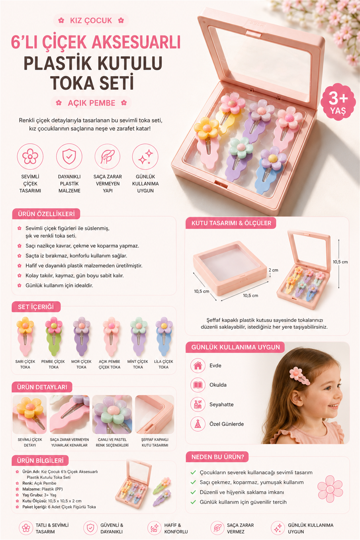 Girls 6-Piece Buckle Set With Flower Accessories And Plastic Box Light Pink