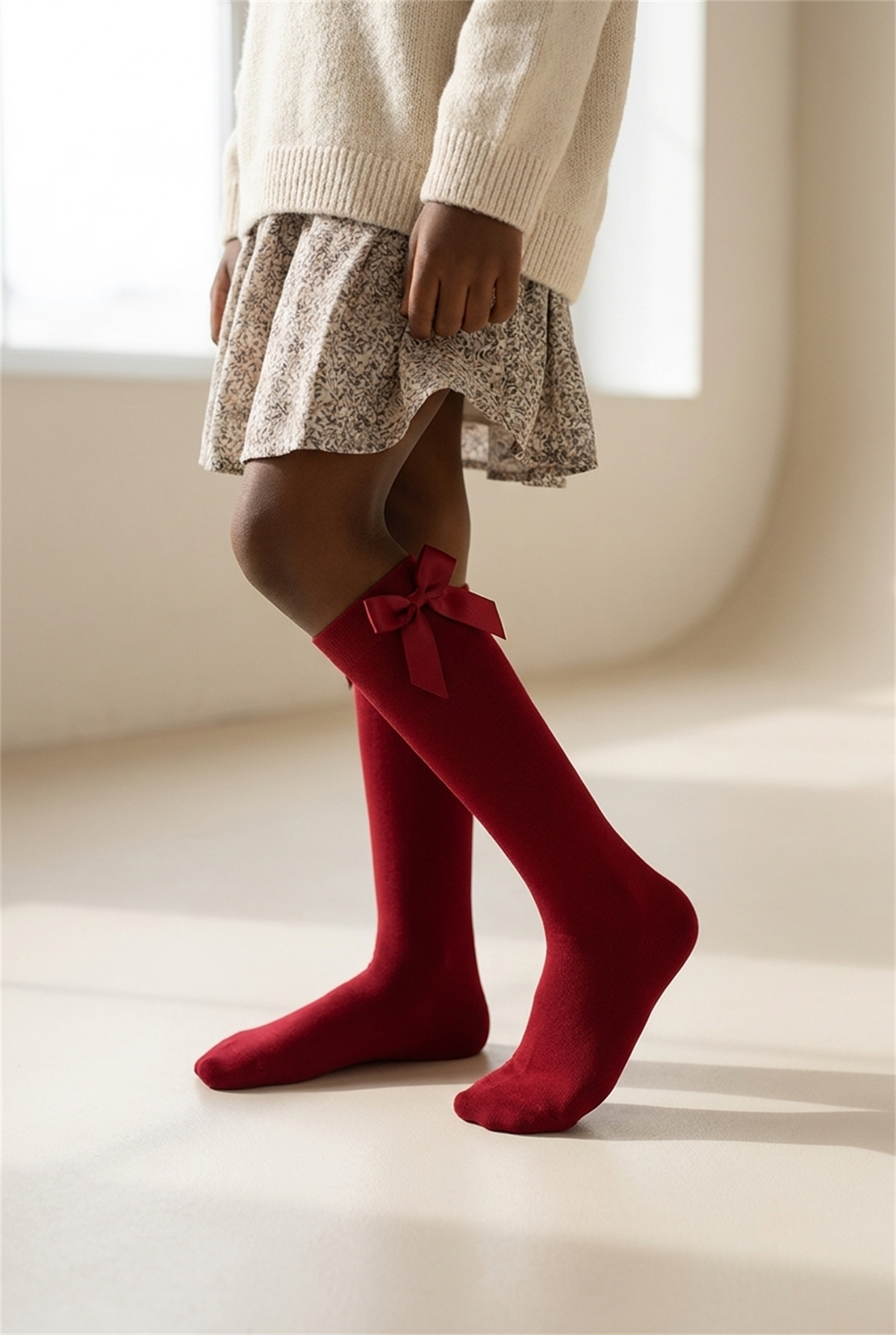 Kız Çocuk Aksesuarlı Dizaltı Çorap Bordo