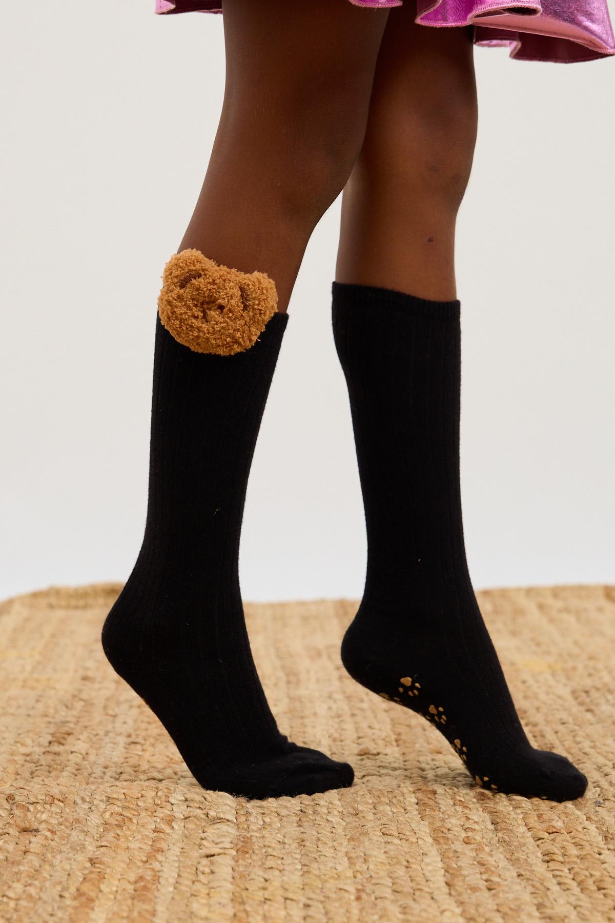 Knee-High Socks with Bear Details for Girls - Black