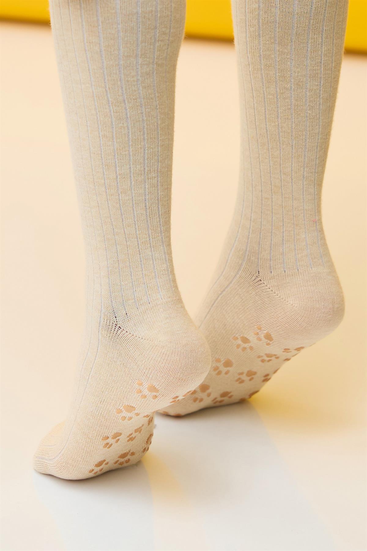 Girls Knee-High Socks with Teddy Bear Detail Beige Melange